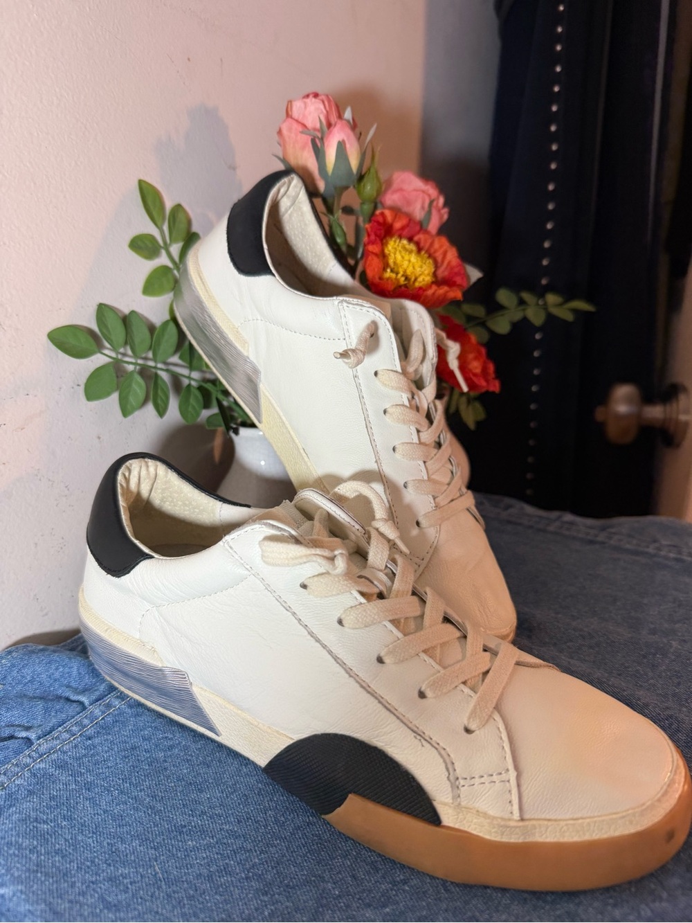 Dolce Vita White Sneakers with Black and Silver Heel Accents